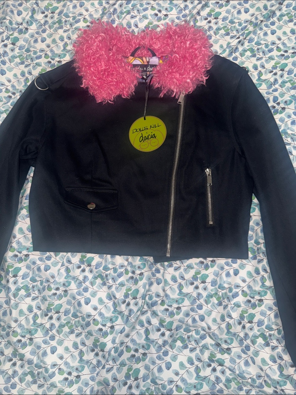 Dolls Kill Black Cropped Jacket with Pink Faux Fur Collar